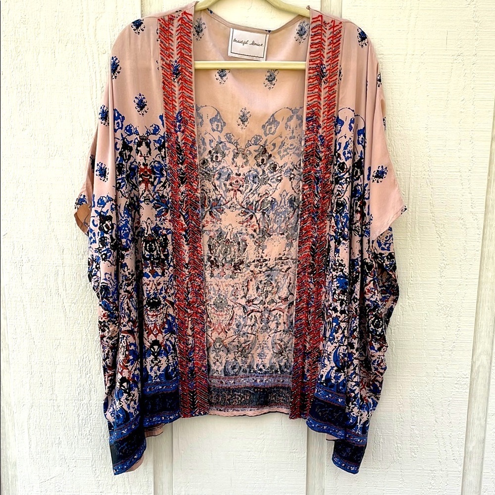 Anthropologie Beautiful Stories Open Front Cardigan Kimono XL Abstract Sequins